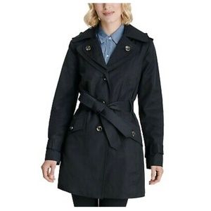 London Fog Hooded Belted Water Resistant Black Trench Coat Petite XXS PXXS
